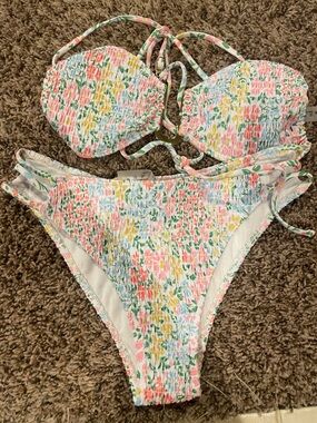 SHEIN Floral Smocked Bikini Set in Pink, Yellow, Blue, Green